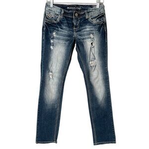 Maurices Jeans Womens Size 3/4 Blue Distressed Embroidered Rockabilly Grunge